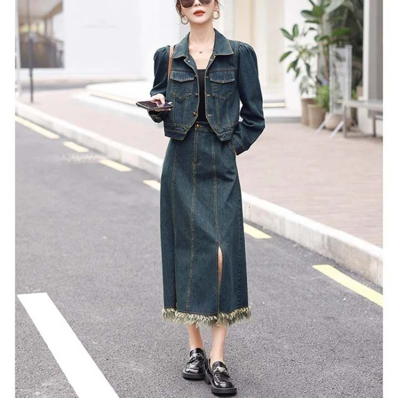 Autumn Vintage Single Breasted Short Denim Jacket and High Waist Split Skirts Two Piece Set Fashion Elegant Outfits for Women 241107