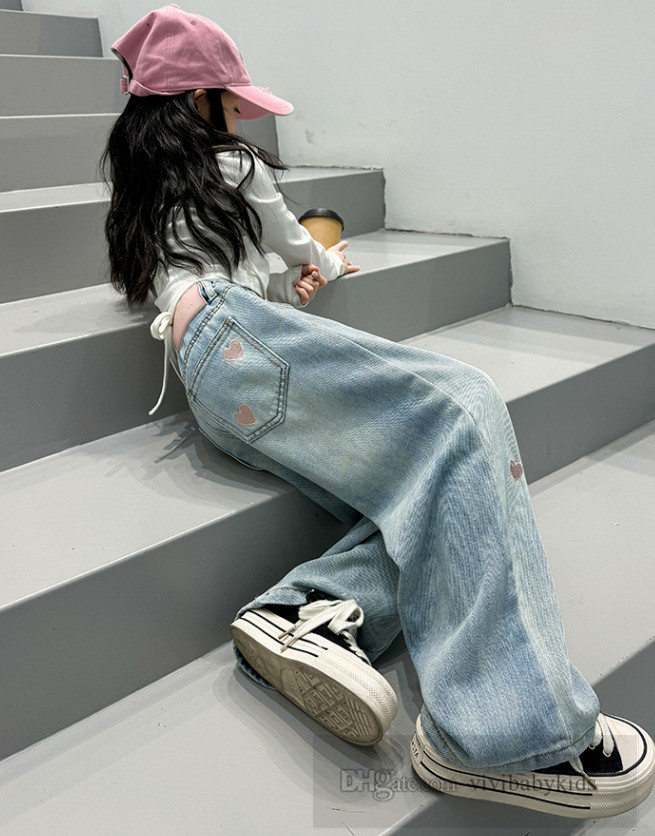 Big Girls pink love heart embroidery jeans kids straight wide legs pants winter teenagers thicken casual cowboy trousers S2454