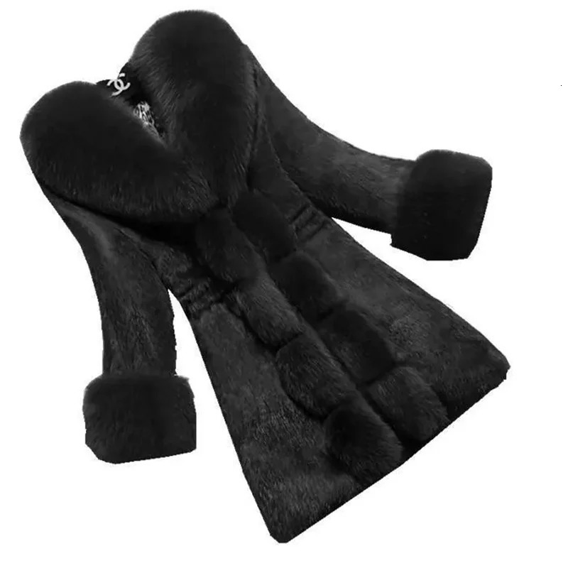 Retro Autumn/Winter Womens Medium length Wool Coat Artificial Fur Fox Fur Collar Mink Coat Thick Elegant 408 241107