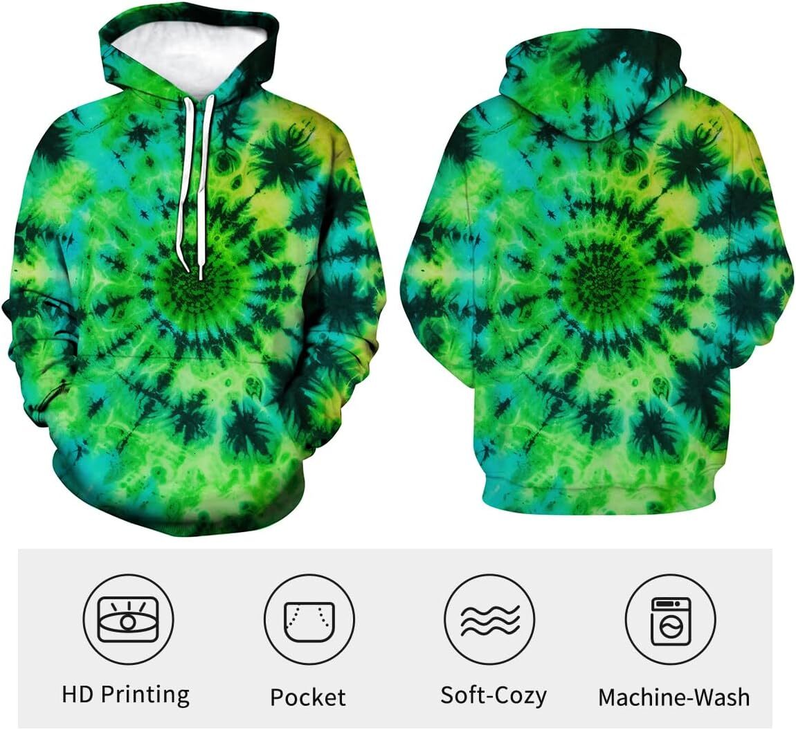 Hoodie for Mens Womens Tie-Dye Hoodie - Art Abstract Theme, Colorful Graphic Sweatshirt Graphic Cool green vortex pattern