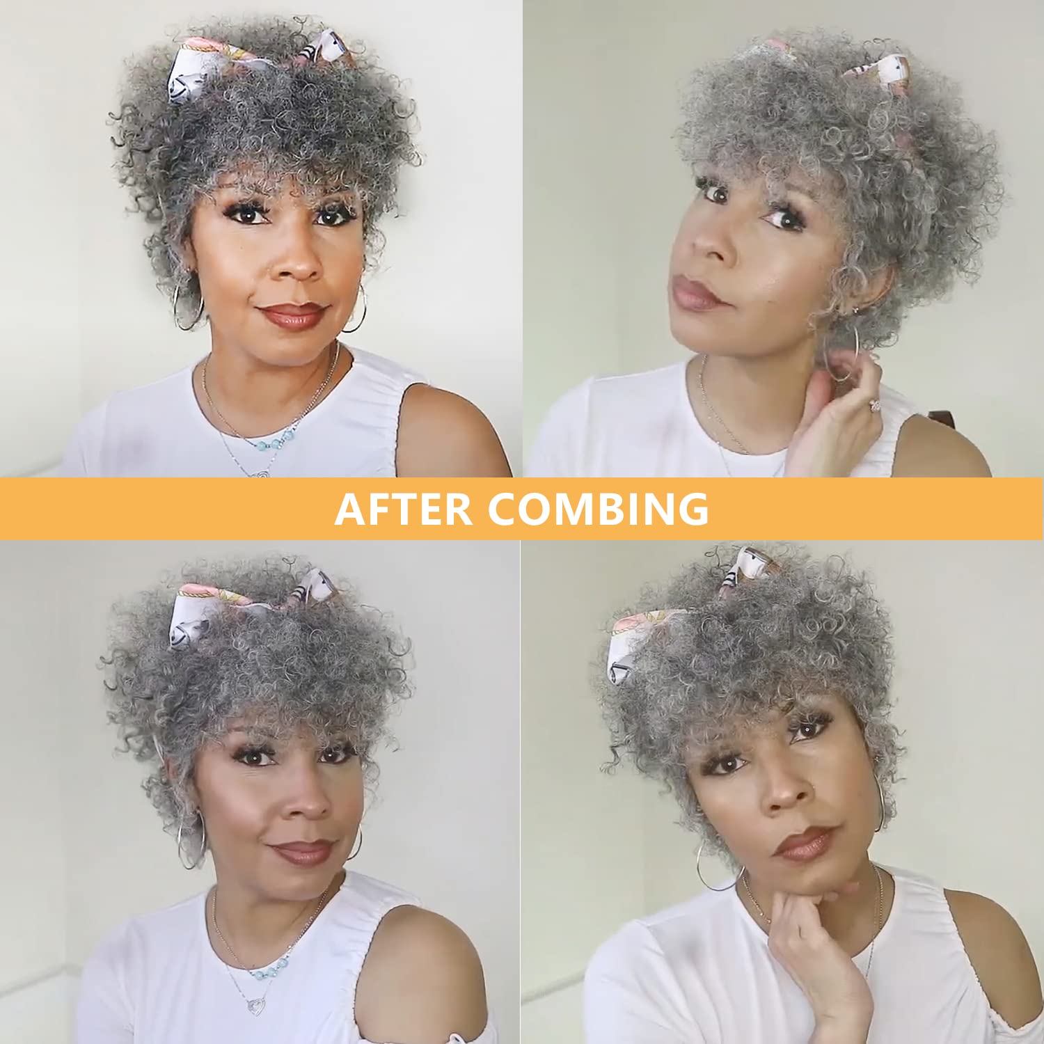Grey Wig for Women Afro Kinky Curly Human Hair Wig Black salt and pepper silver Wig Glueless Gray Wig with Bangs Human Hair machine made none lace 150