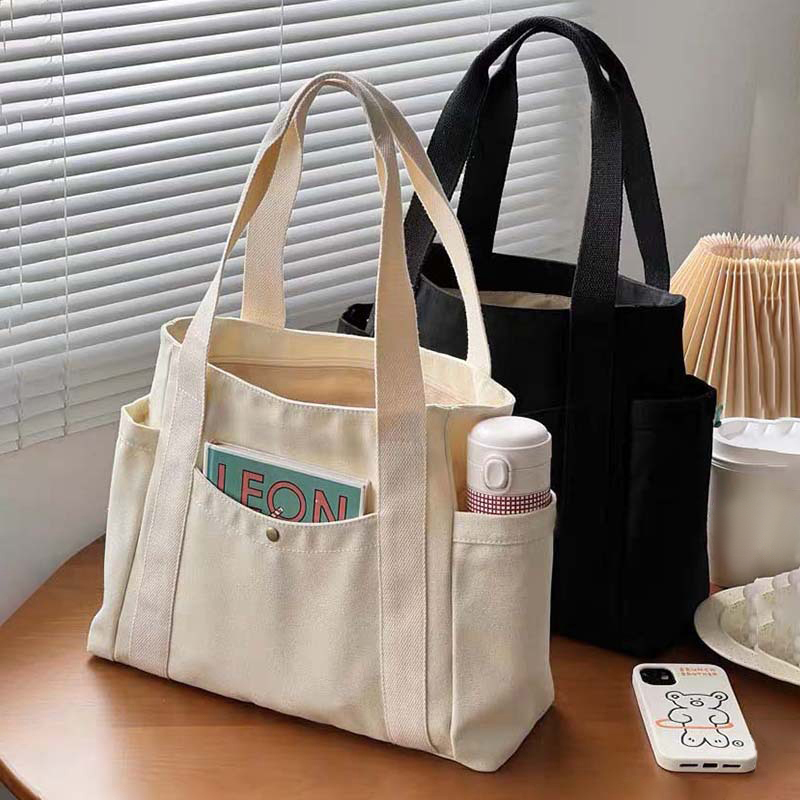 Large Capacity Canvas Solid Letter Tote Bag Versatile Handbag For Commuter Work Student Class Underarm Women's Bag Shopping Bag