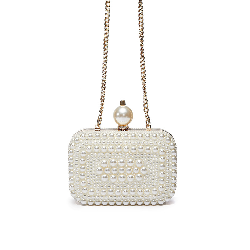 Fashion Girls Bags Square Shell Clutch Bag Handmade Sweet Pearl Wedding Party Chain Mini Leather Crossbody Sling Bags for Women