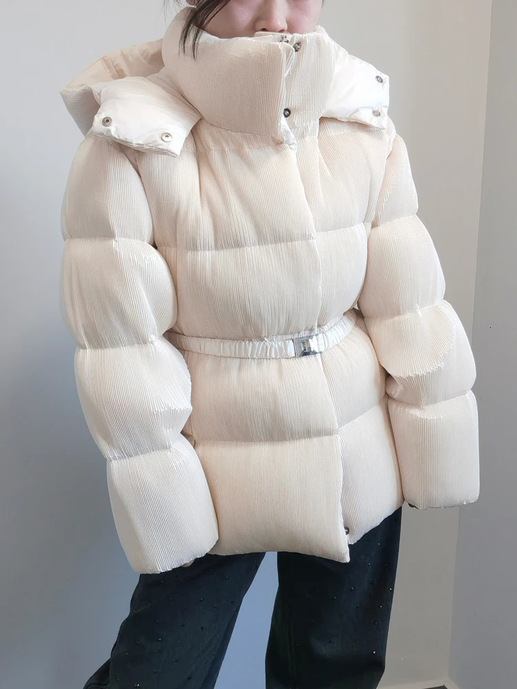 womens pleated down jacket with belt winter warm thick hooded cushioned jacket beige brown fashionable jacket INKEO DJ087 241107