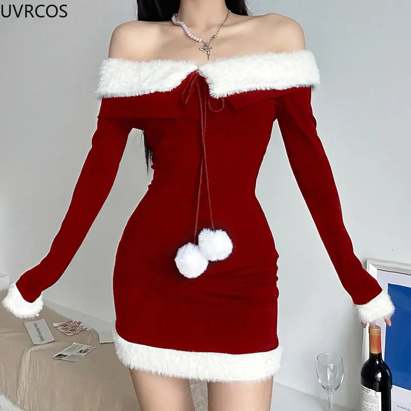 2024 Sexy Red Christmas Dress Women Winter Y2k Plush Patchwork Off Shoulder Party Mini Dress Korean Fashin Elegant Bodycon Dress 241107