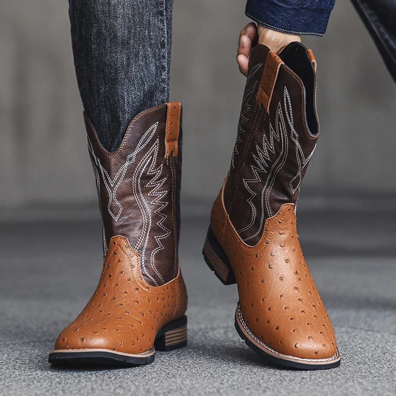 Mens Classic Retro Western Cowboy Boots Embossed Leather Mens Fashion Embroidery Mid-Calf Boot High top Casual Shoes for Men 241106