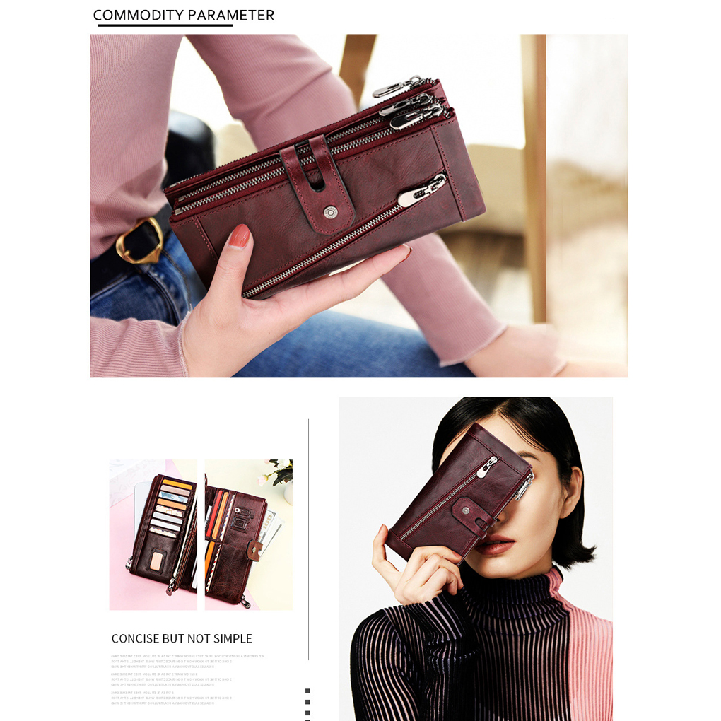 Women Wallet Zipper Solid Color Rectangular Card Holder Photo Folder Cash Compartment Purse Birthday Gift Wine Red