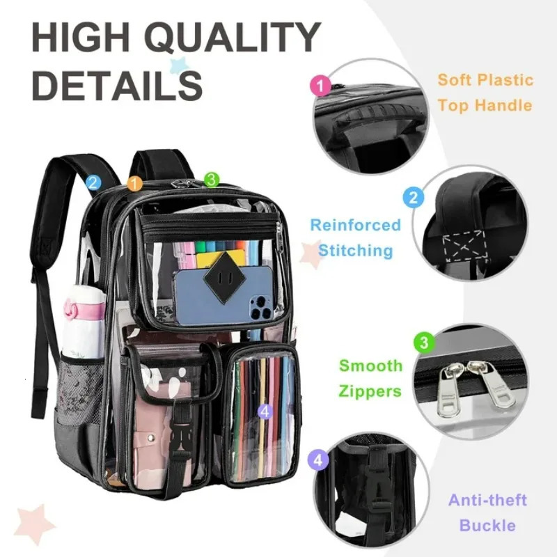 Large transparent backpack heavy-duty sports stadium approved girls backpack waterproof PVC transparent girls backpack 241106