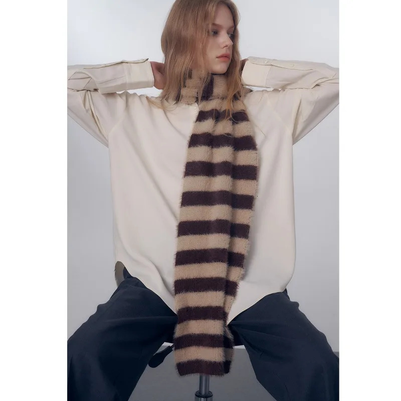 Original Niche Color Scheme Classic Striped Knitted Wool Muffler for Women Autumn Winter Soft Warm Scarf Female Shawl 241107