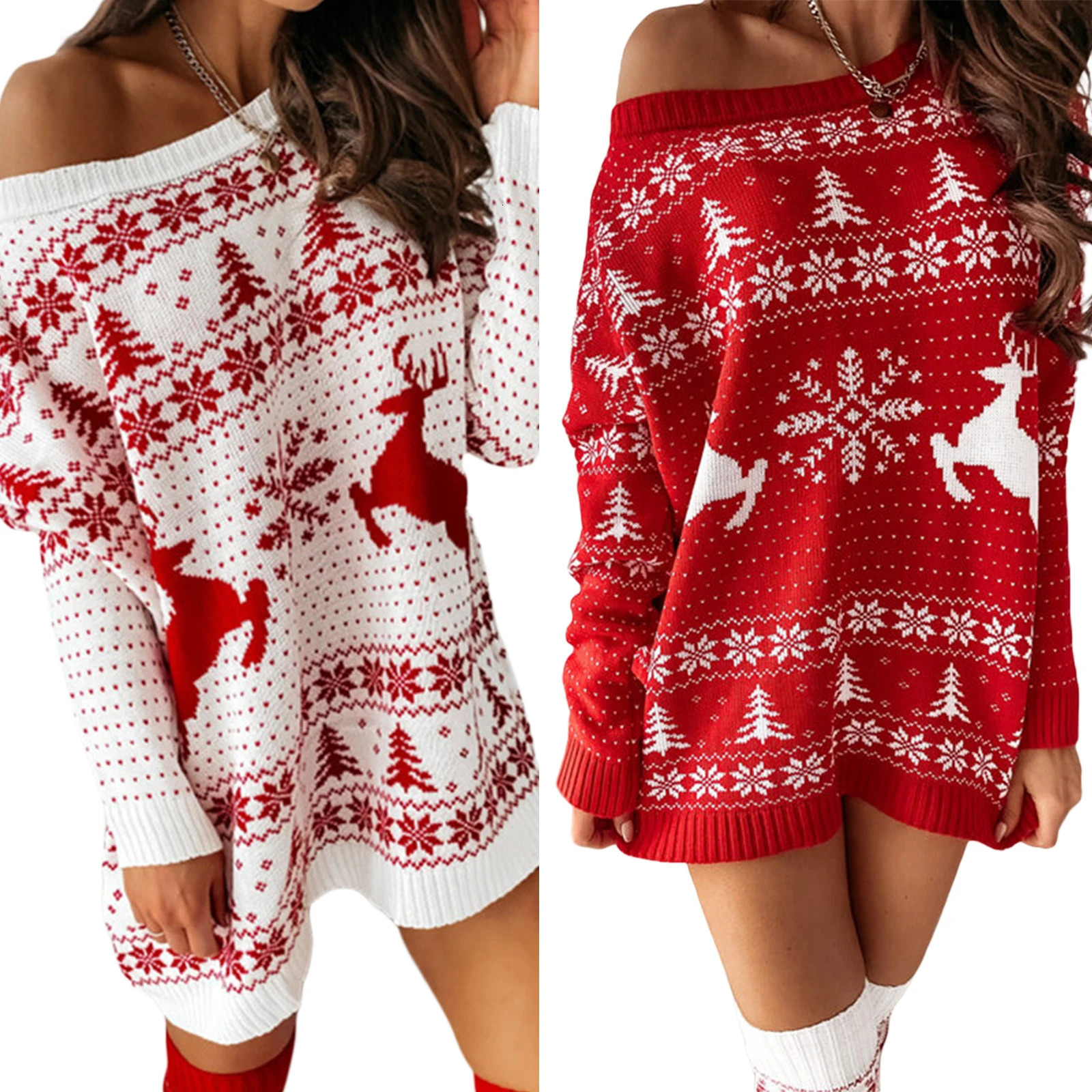 Winter Women Christmas Dresses Jacquard Knitted Dress Loose Fit Long Sleeve O-neck Dress Streetwear 241107