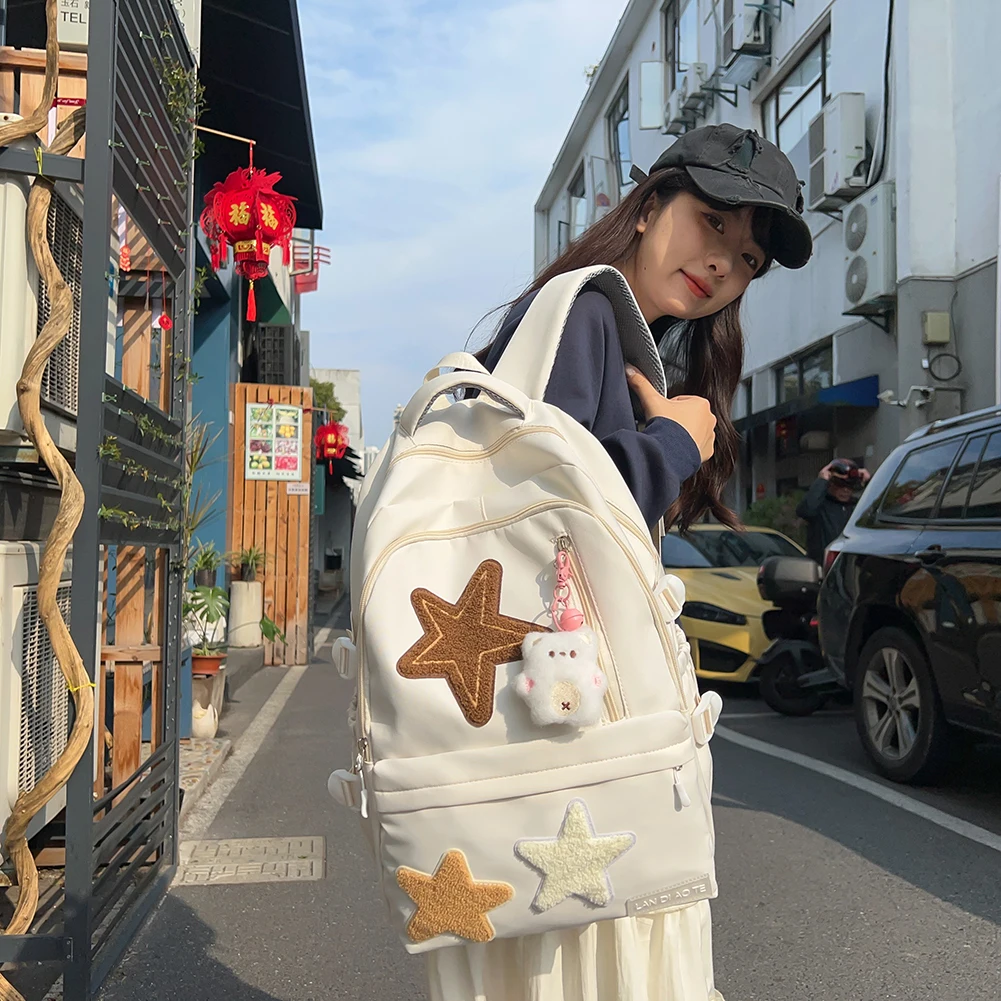 Women Backpack Cute School Bag for Girls Large Capacity Vintage Laptop Backpack Mochilas Star Appliques Travel Outdoor Backpack
