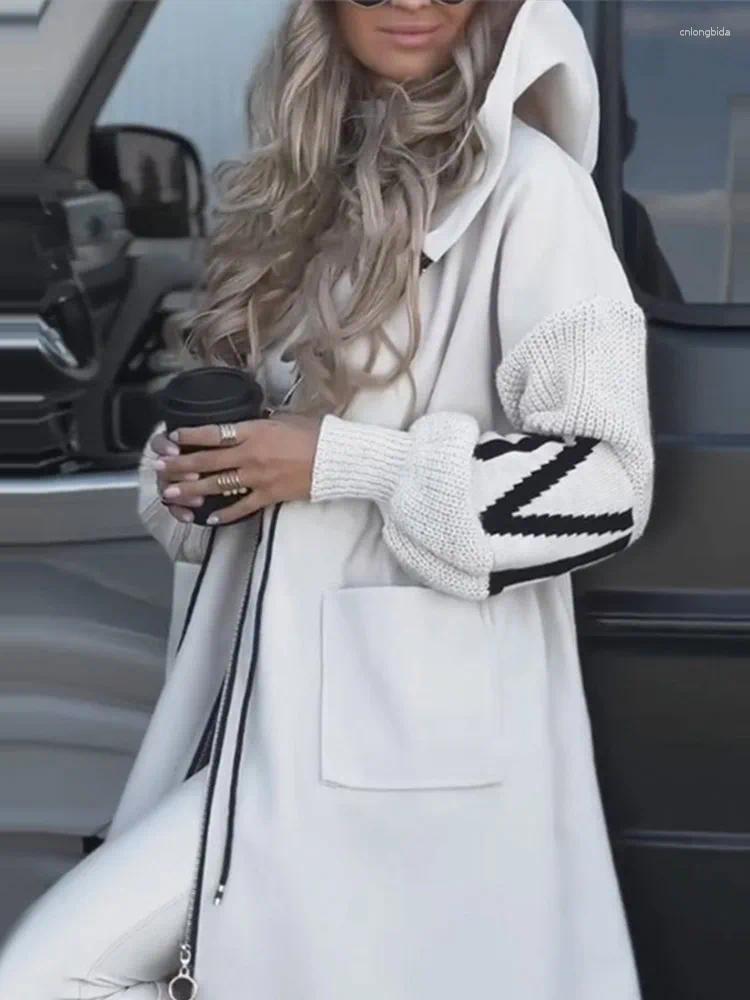 Womens Trench Coats Long Women Solid Casual Hoodies Lace Up Letter Sleeves Pockets Female Top 2024 Autumn Winter Eleagnt Lady Outerwears