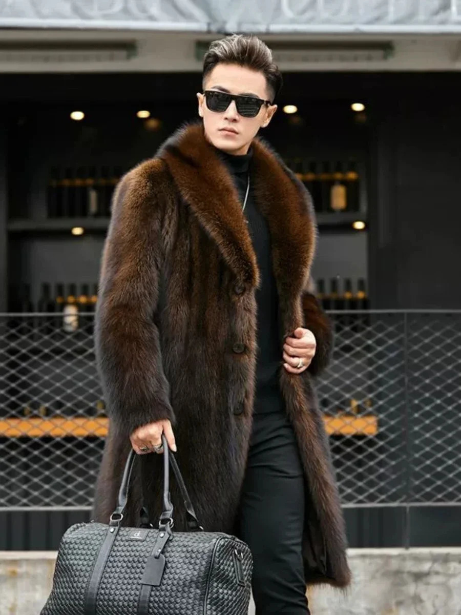 mens mid to long full mink coat large long sleeved mens thick raccoon fur coat mink jacket for autumn and winter 241107