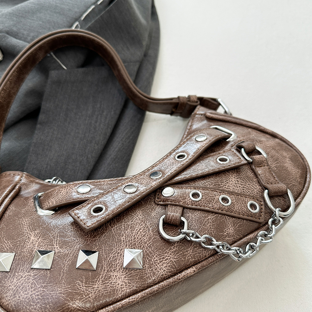 Women Vintage Shoulder Bag PU Leather Luxury Chain Handbag Cool Girl Underarm Bag Girls Outdoor Daily Bag