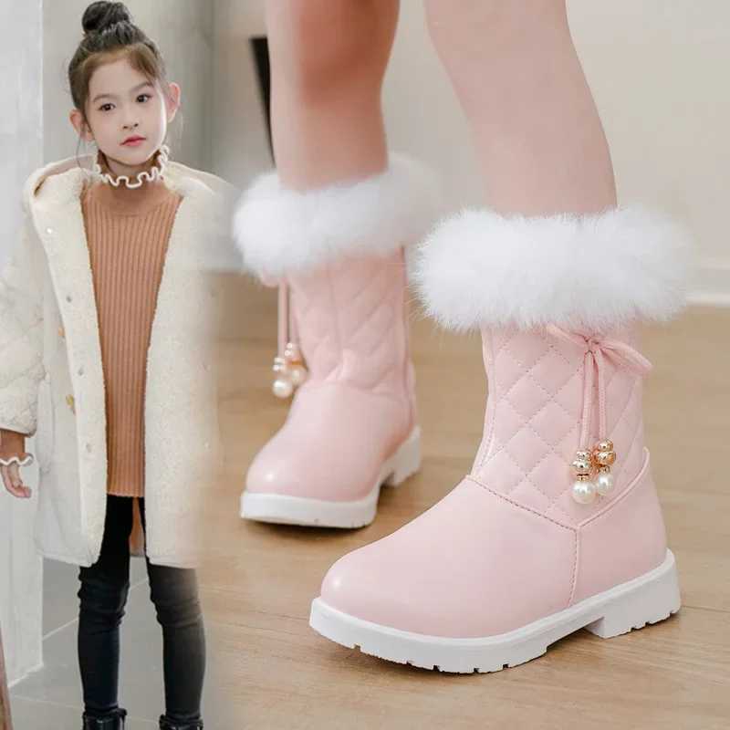 Girls Long Boots Warm Shoes for Winter Kids Princess Boots with Fur 2024 New Fashion Sweet Girls Leather Snow Boots with BowXJ241206
