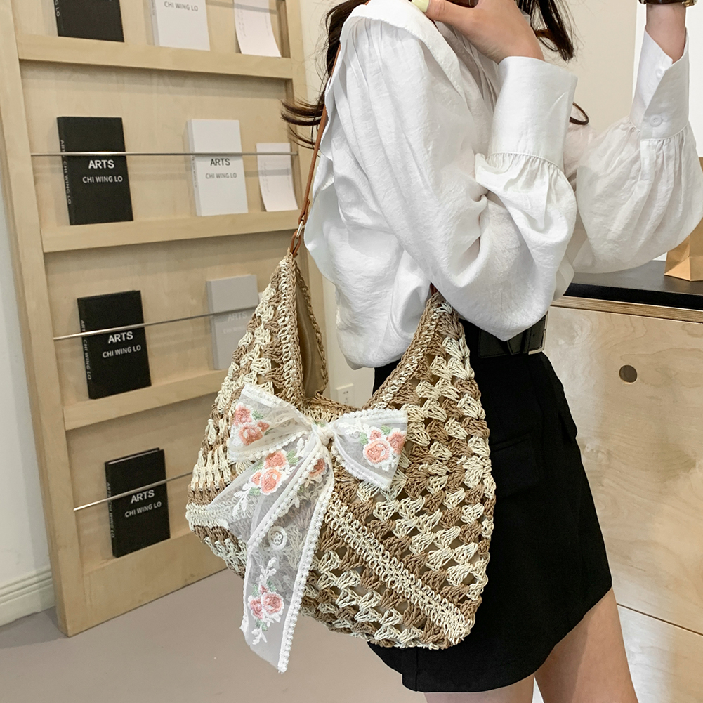 Women Straw Woven Tote Bag Simple Shopping Bag Large Capacity Summer Crochet Shoulder Bag with Bow Patchwork for Outdoor Travel