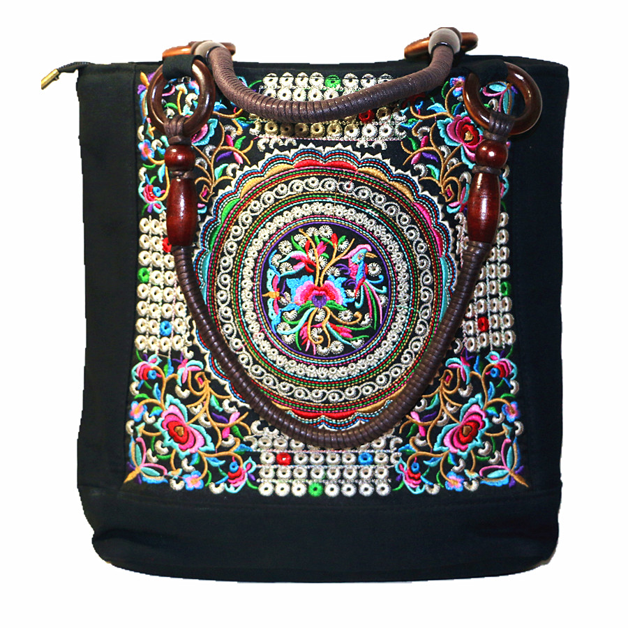 Canvas Cotton Women Ethnic Flower Embroider Shoulder Bag Casual Travel Hand Tote Shopping Bag Vintage Beach Bag Beading Handle