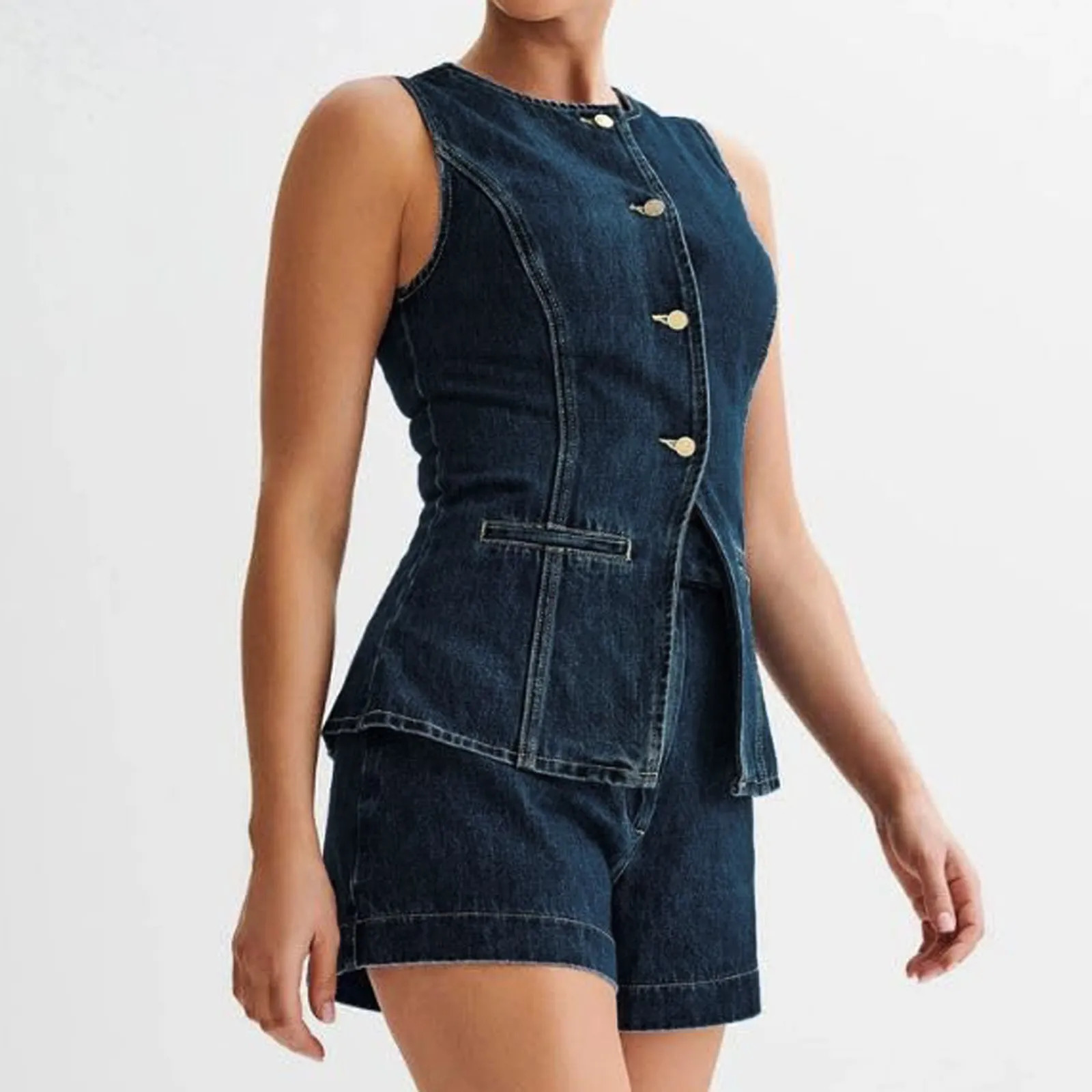 Denim 2 Pieces Sets Women Fashion Slim O-neck Sleeveless Single Breasted Vest Tops Wide Leg Shorts 2024 Summer Lady Outfits 241107