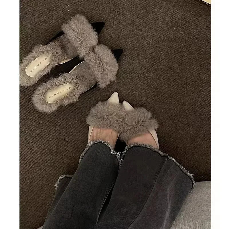 Women High Heel Shoes Fur Slippers Mules Pointed Toe Furry Slides Fashion Elegant er Flip Flops Office Pumps 241106