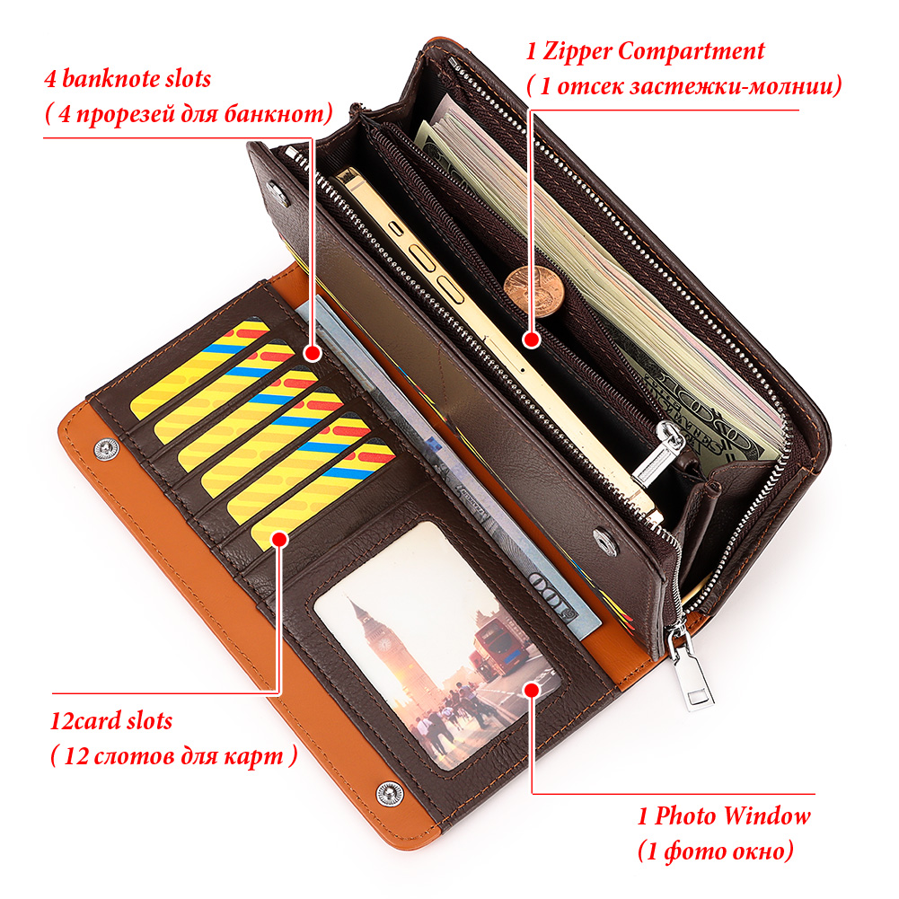 HUMERPAUL Genuine Leather Men's Wallet RFID Credit Card Holder with Passport Cover Business Long Cell Phone Clutch Purse