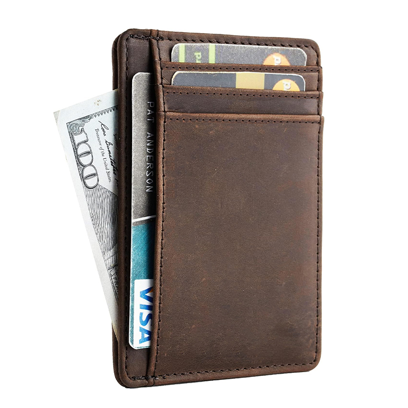 Genuine Leather RFID Blocking Retro Thin Card Holder wallet, Crazy Horse Leather Minimalist Slim Front Pocket wallets