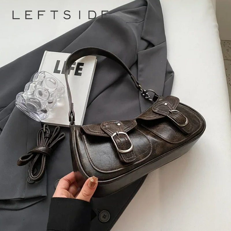 LEFTSIDE Fashion Double Pockets Design PU Leather Shoulder Bag For Women 2023 Tend Female Crossbody Bag Underarm Bags Handbags