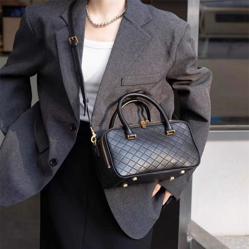 YS 2024 Genuine Leather HigH-capacity Boston Bowling DiamonD Grid Women's Bag, Deluxe One Shoulder Carrying Crossbody Bag