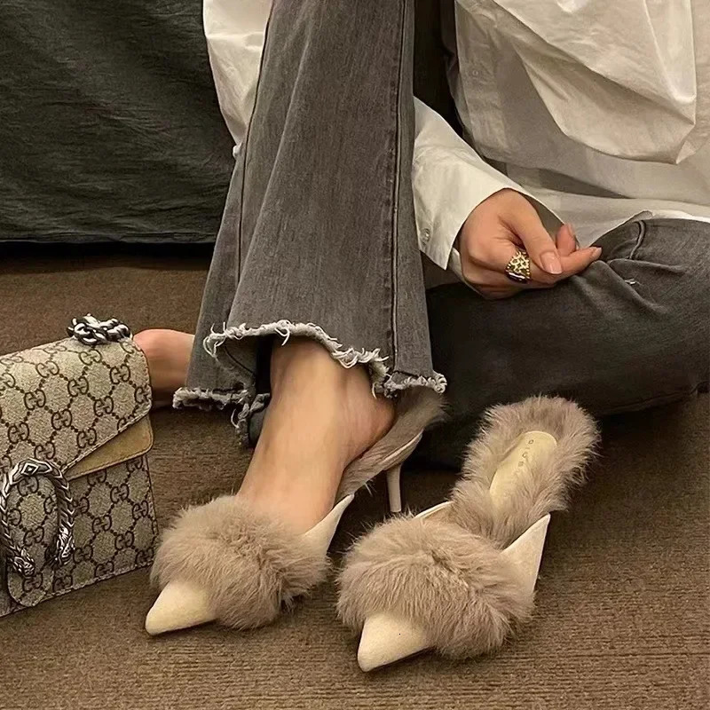 Women High Heel Shoes Fur Slippers Mules Pointed Toe Furry Slides Fashion Elegant er Flip Flops Office Pumps 241106