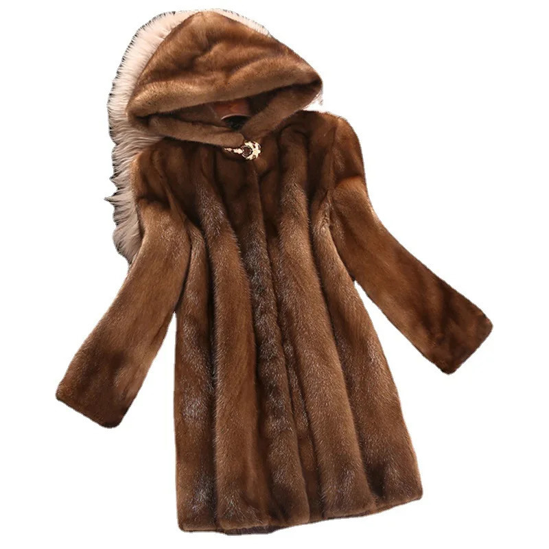S-6XL size fashionable womens jacket brown faux mink fur medium long womens winter jacket outdoor sports warm leisure long park 241107