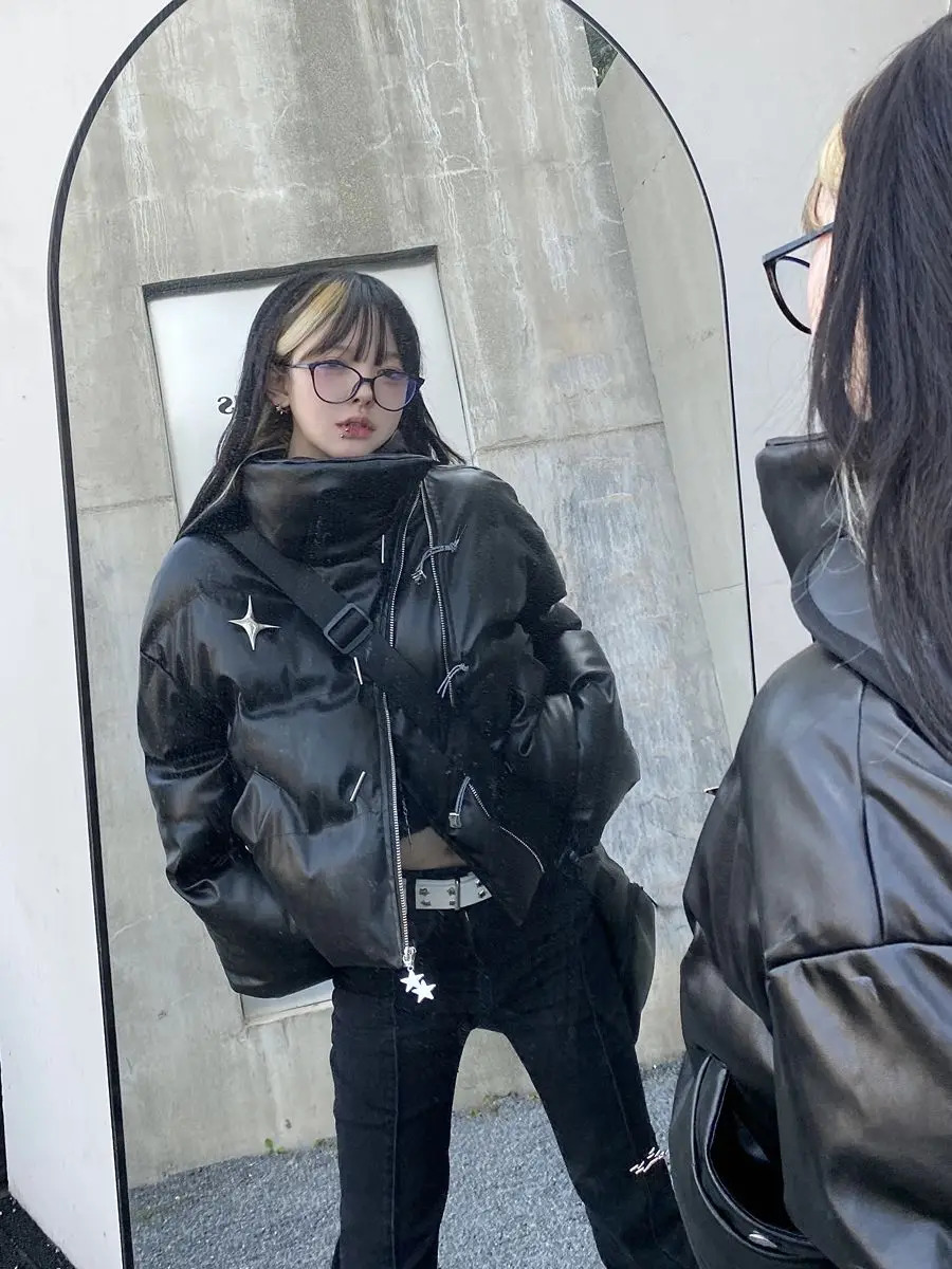 Gothic y2k Cropped Artificial Leather Inflatable Jacket Womens Zipper Upright Collar Winter Bubble Jacket Down Jacket Pu Warm Crop Top 241107