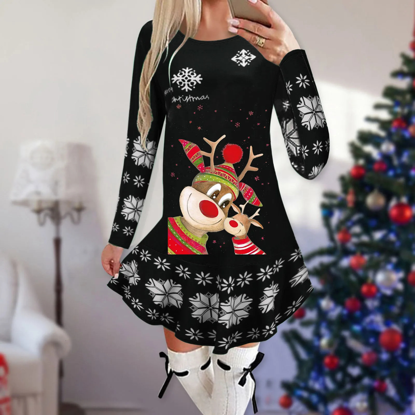 Sexy Club Long Sleeve Bodycon Mini Dress Women Autumn Winter Christmas Print Party Basic Slim Dresses For Women Robe Femme 241107