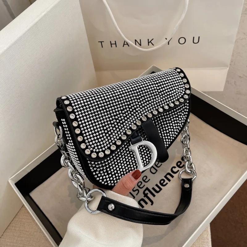 Women's Bag 2024 Trend High-Grade Thick Chain Bright Diamond Luxury Designer Crossbody Bags Fashion Exquisite Small Saddle Bag