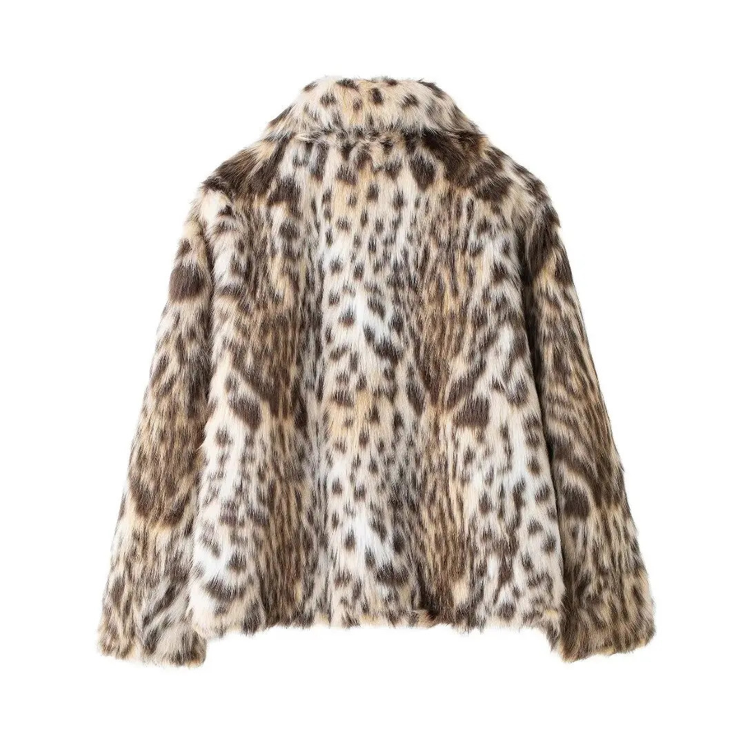 Winter lapel versatile leopard printed fur coat womens fashionable warm jacket 241107