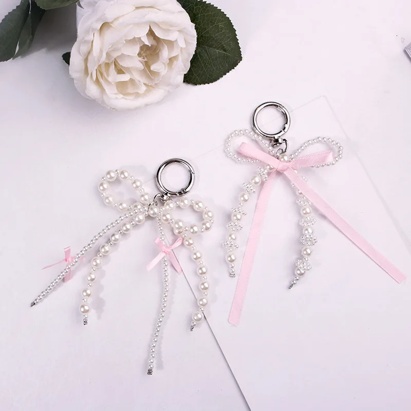 Cute bow keychain pearl bead bag charm gift decoration 241107