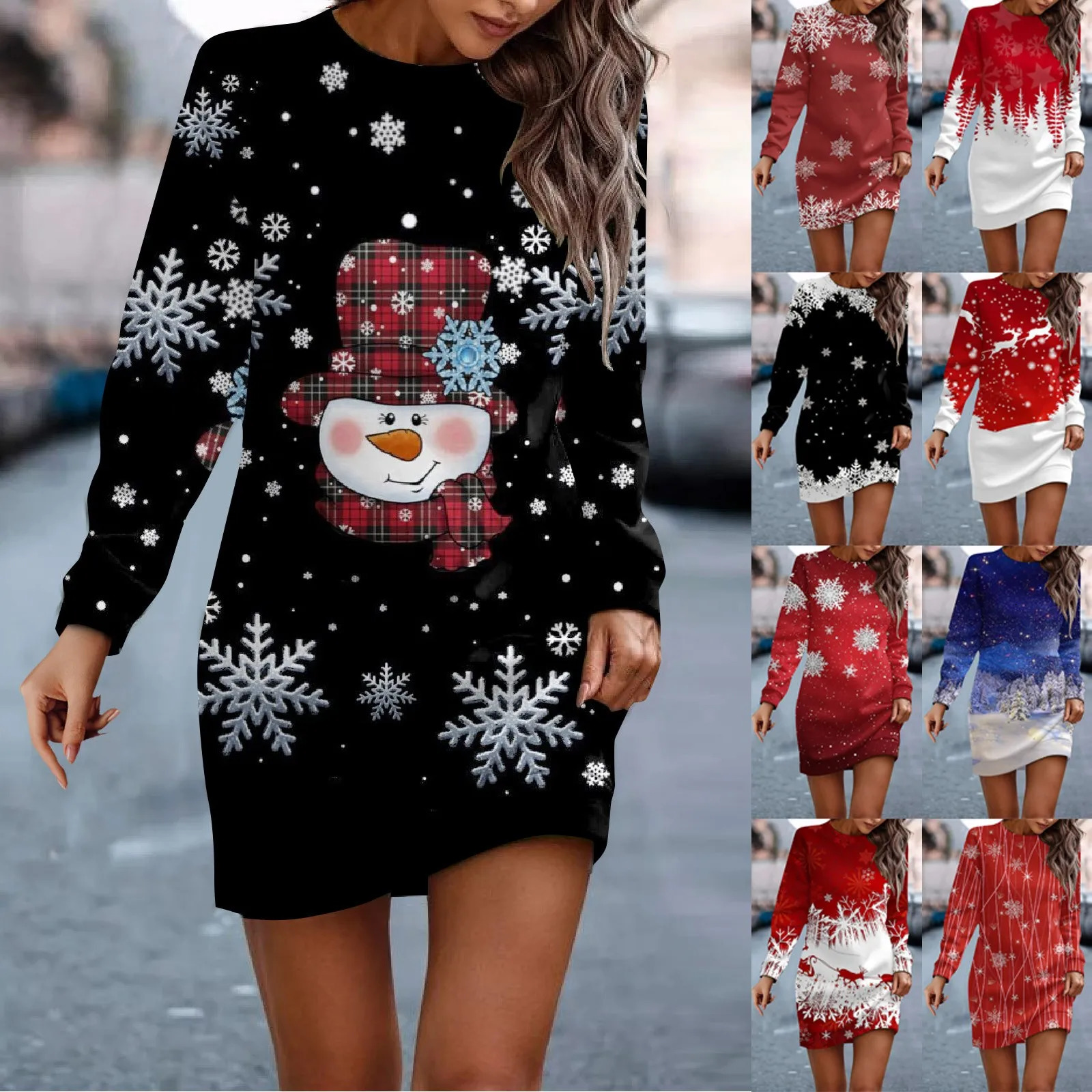 Womens long sleeved casual Christmas printed floral Hip Pack dress sweater autumn dress 241106