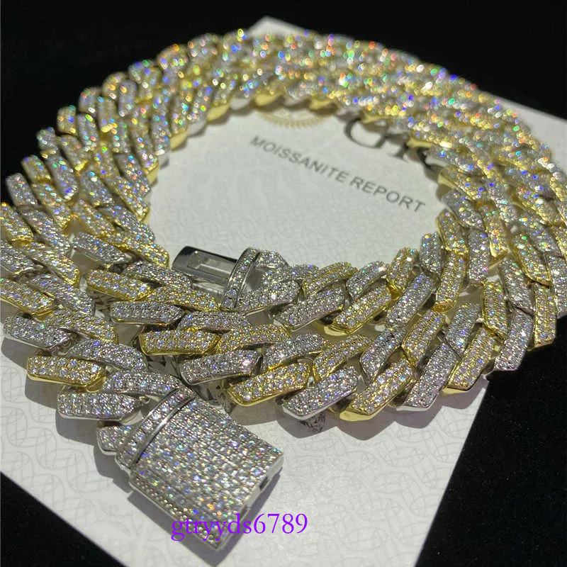 14mm Two Tone Vvs Necklace Sterg Sier Hip Hop Jewelry Moissanite Dia Cuban k Chain