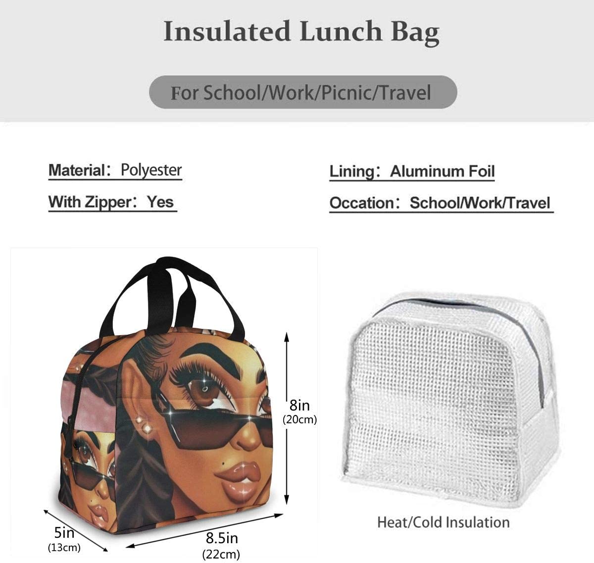 Lunch Bag African American Black Art Girls for Women Girls Kids Insulated Picnic Pouch Thermal Cooler Tote Cute Bento Bag