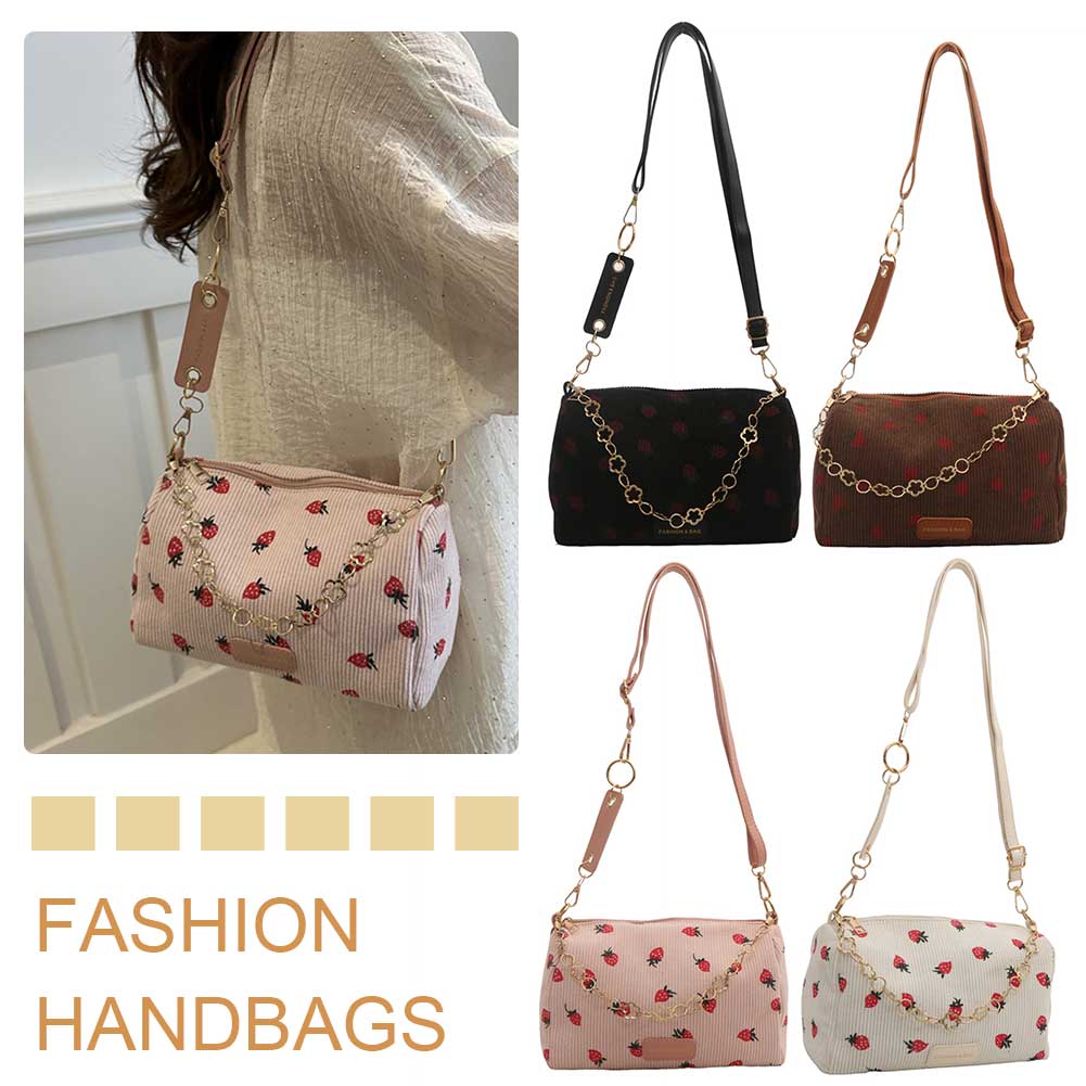 Cute Strawberry Print Shoulder Bag with Zipper Corduroy Messenger Bag with Adjustable Strap Crossbody Purse for Women Girls