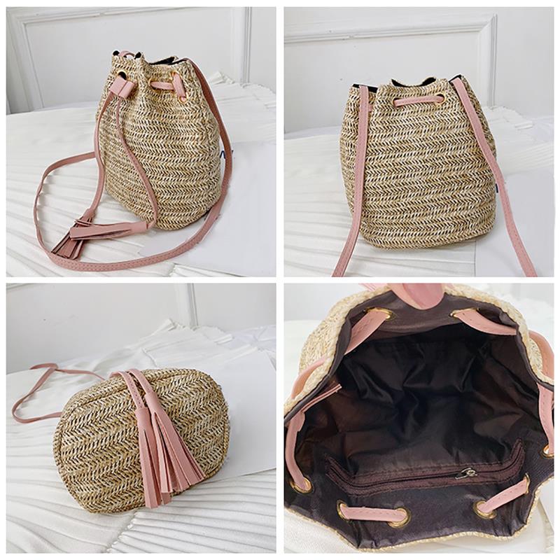 Vintage Fashion Small Women Woven Rattan Straw Bucket Bag Handbag Tassel Drawstring Shoulder Bag Messenger Crossbody Bags Purses