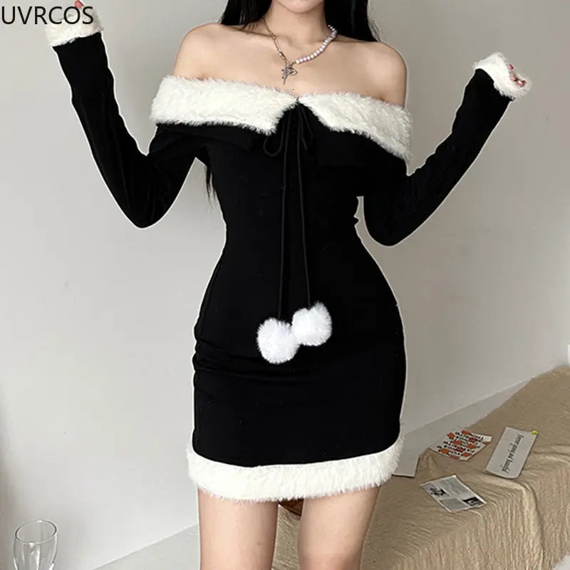 2024 Sexy Red Christmas Dress Women Winter Y2k Plush Patchwork Off Shoulder Party Mini Dress Korean Fashin Elegant Bodycon Dress 241107