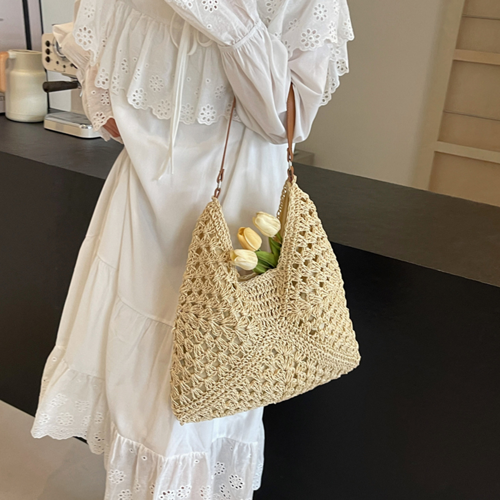 Hand-woven Bolsa Bag Women's New Beach Vacation Casual Shoulder Bag Ladies Large Capacity Hollow Out Straw Bags Shopping Handbag