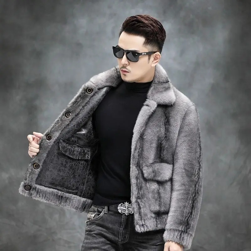 Winter mens mink coat mens double-sided coat fashionable solid color short fur striped coat thick warm casual coat 241107