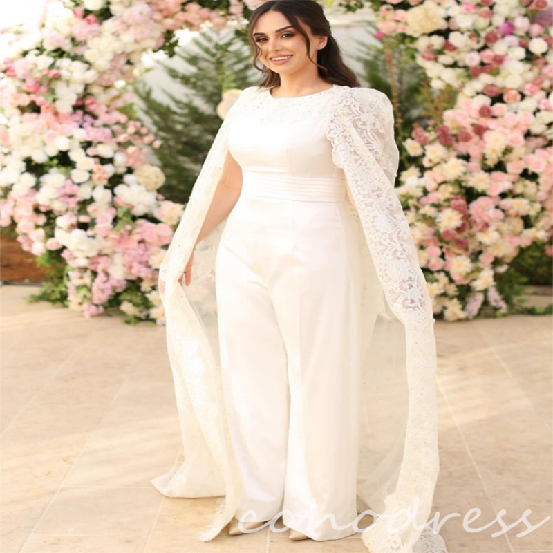 Amazing Jumpsuit Wedding Dresses With Cape Elegant Arabic Dubai Muslim Bridal Dress Elegant Lace Plus Size Boho Robe De Mariee Satin Pant Vestio De No