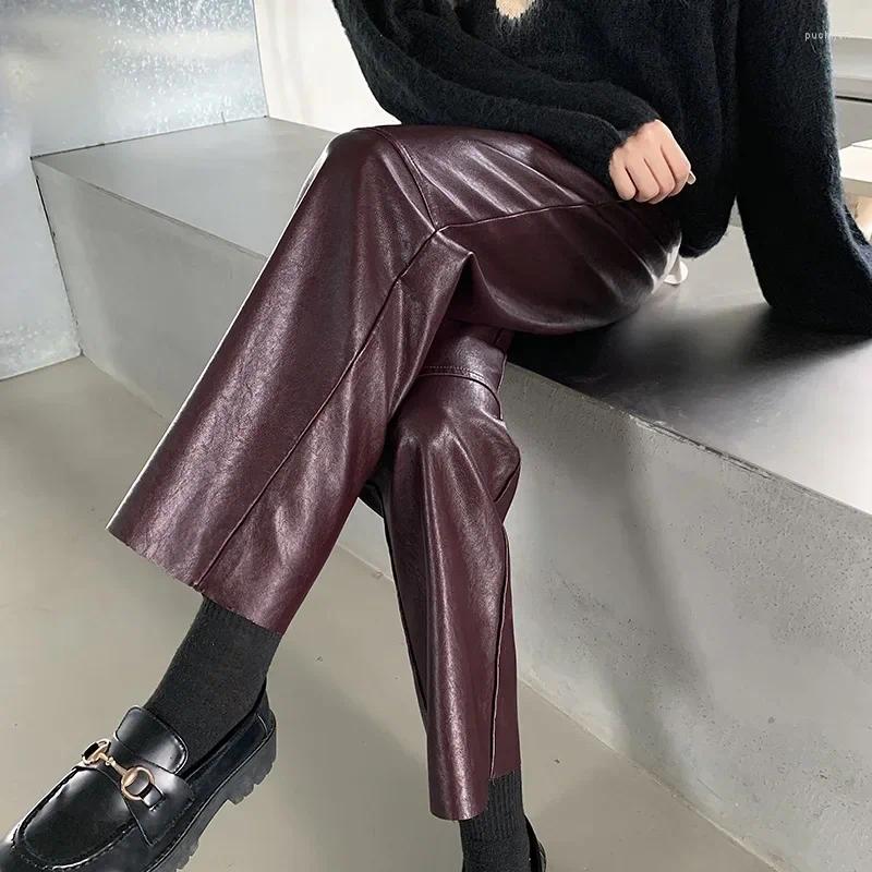 Women's Pants Autumn Winter Leather Trousers High Waist Loose Black Brown Straight Leg Classic Pu Faux For Women