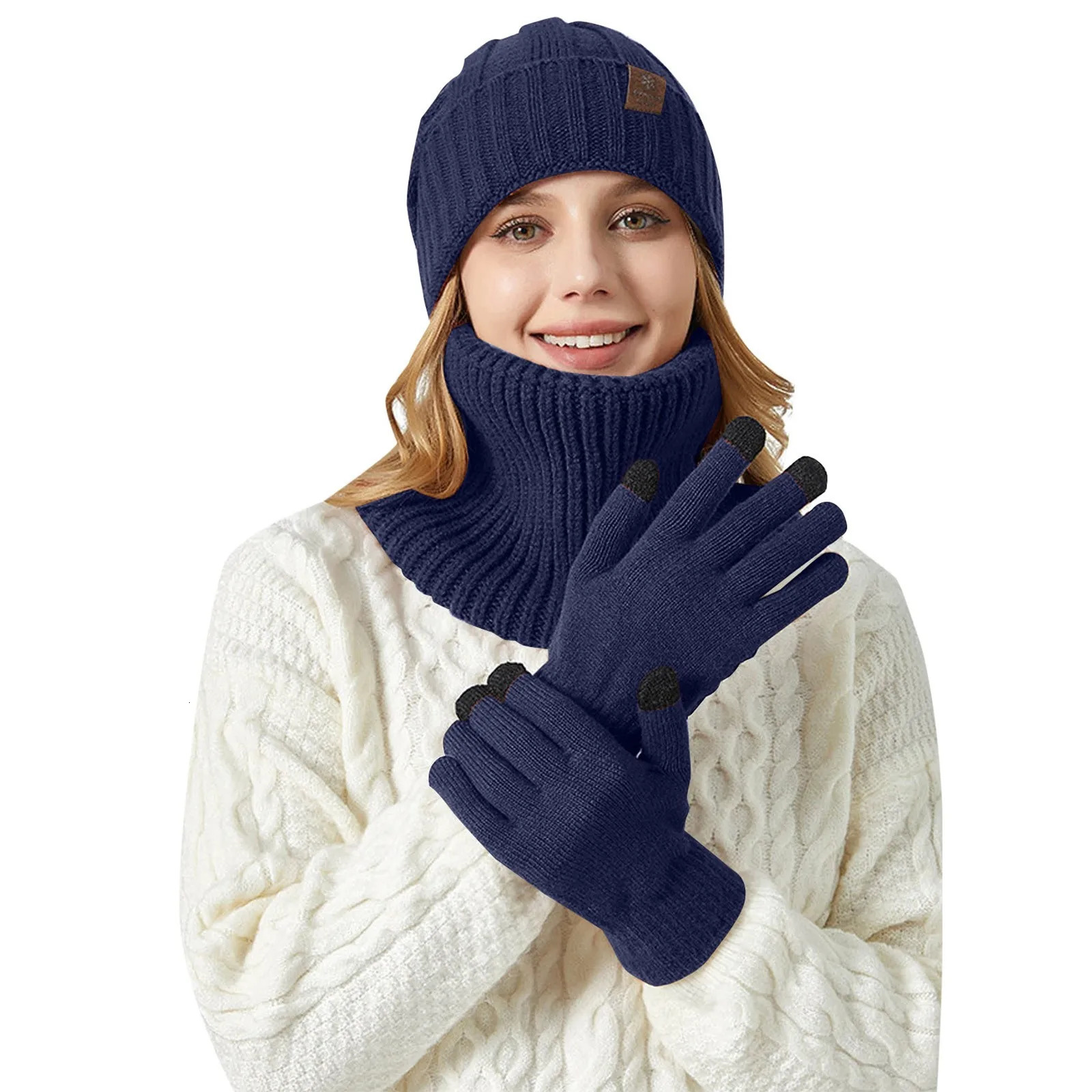 Fashion Beanie hat scarf and gloves three piece set for womens warm knitted hat winter thick solid mens scarf hat set 241107