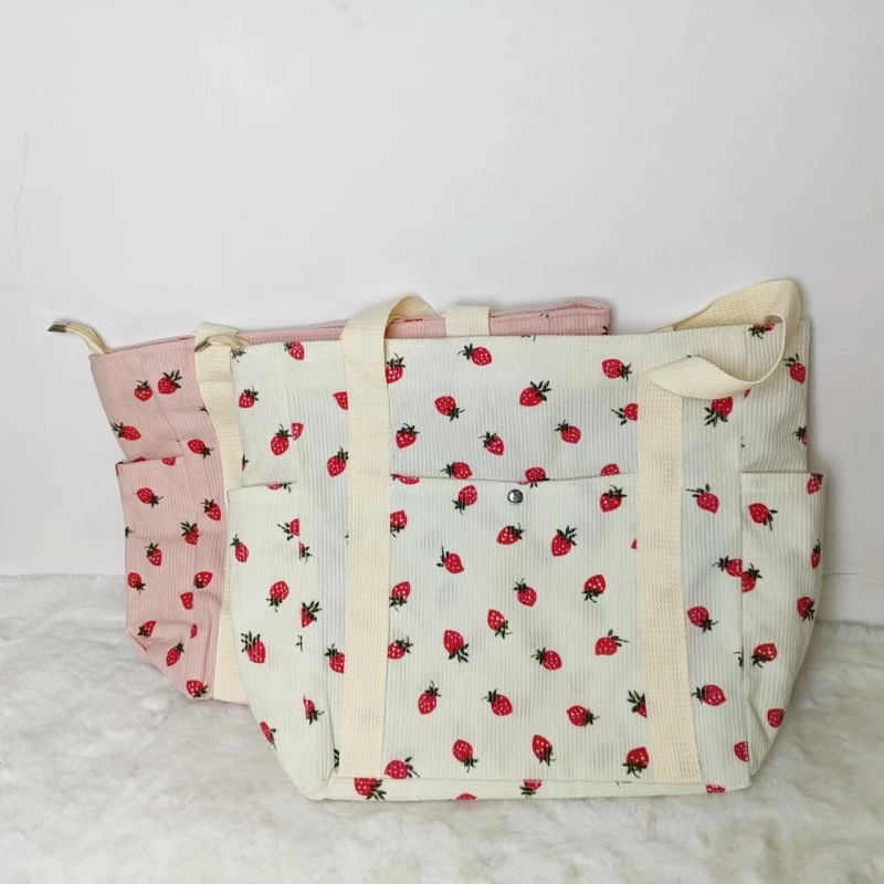 Beautiful Corduroy Strawberry Shoulder Bag Sweet Fresh Versatile Handbag with Academy Style Large Capacity Classroom Tote Bag