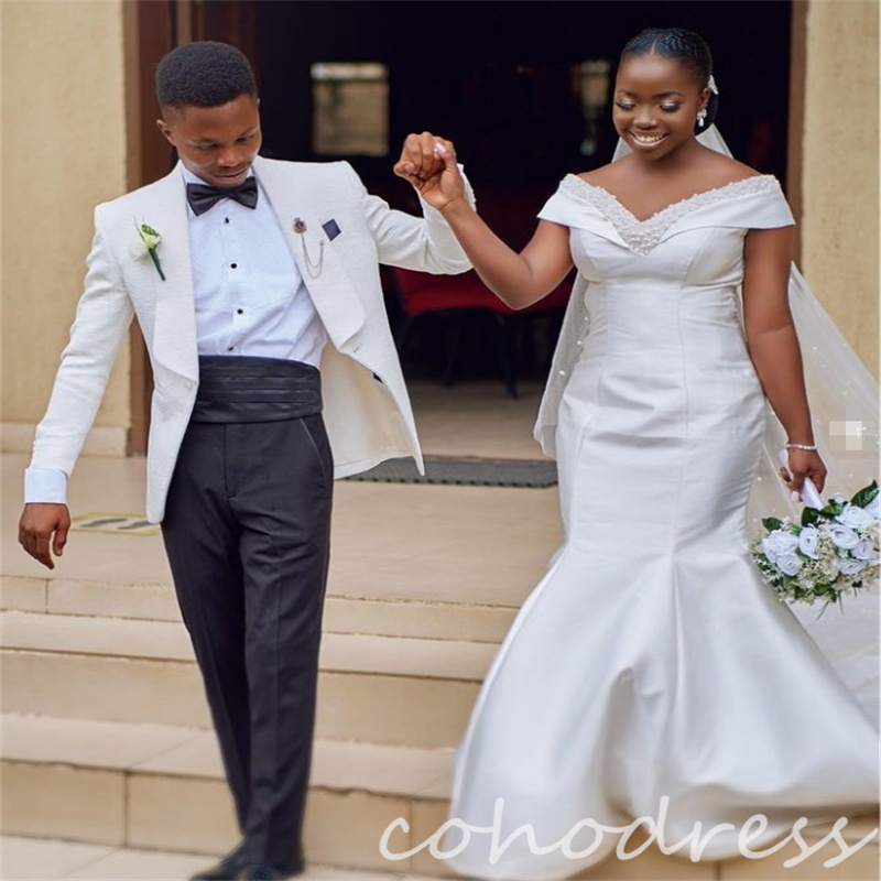 Off Shoulders African Wedding Dresses Plus Size Mermaid Pearls Garden Bridal Gowns Soft Satin Country Bride Dress Sweep Train Robe De Mariee gelinlik