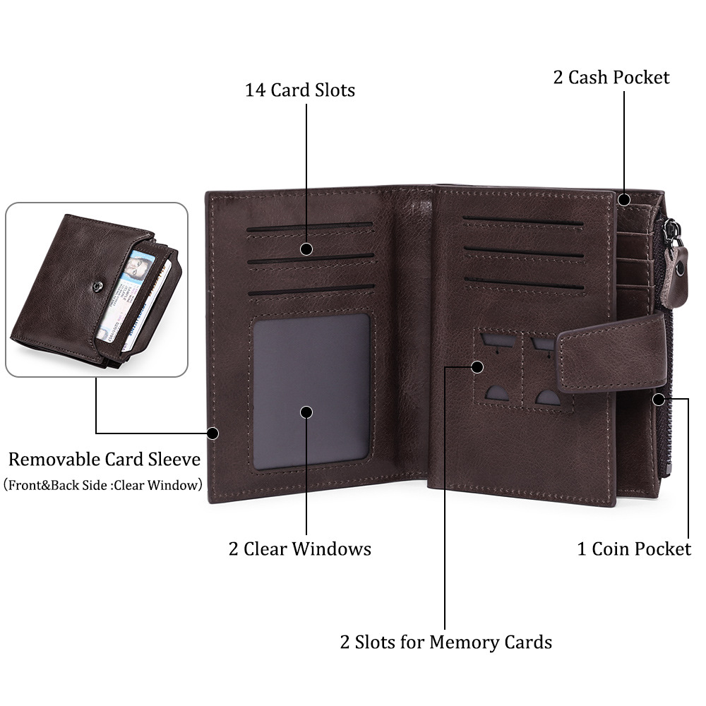 Classic Men's Vintage Genuine Leather Wallet Top Cowhide RFID Zipper Coin Purse Credit Card Holder for Men