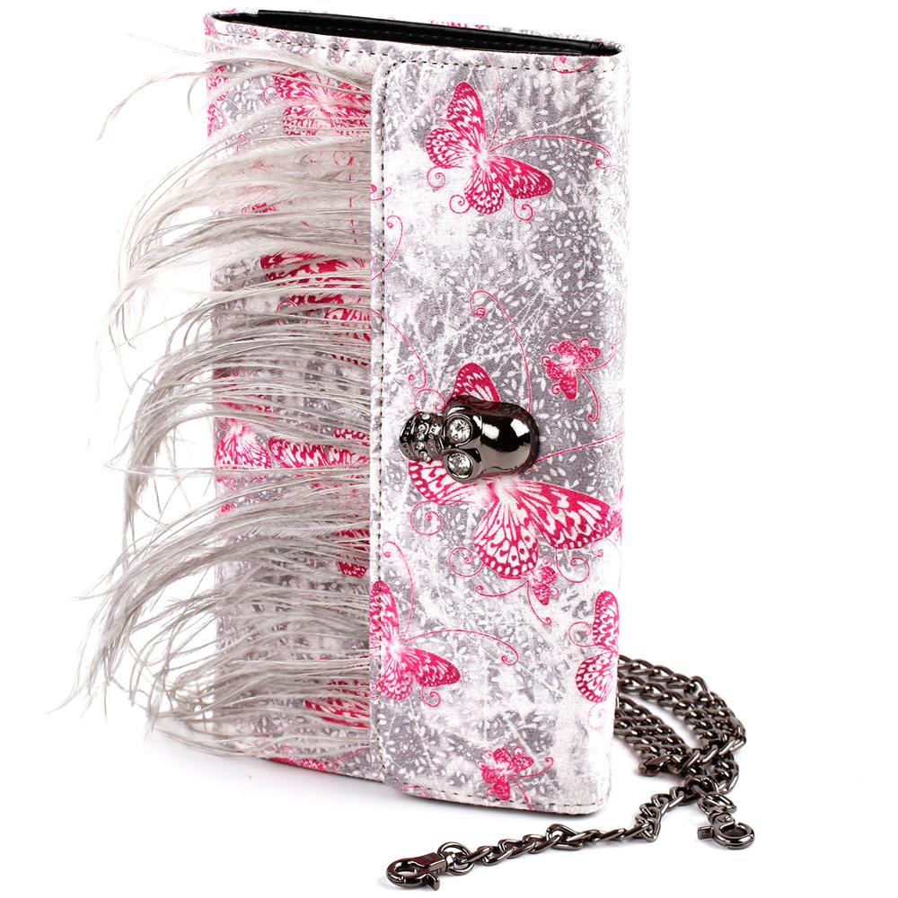 FB90022 Show Story Women's Girls Punk Skull Feather Gems Design Fashion Outdoor Evening Clutch Handbag Bag