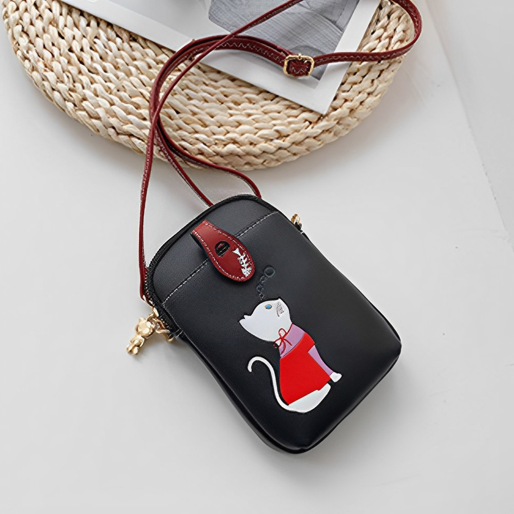 Women Cell Phone Purse Lightweight Satchel Wallet Purse PU Leather Cat Printed Adjustable Strap Daily Bag for Ladies